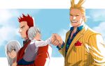  1girl 3boys :d aged_down all_might black_shirt blonde_hair blue_pants blue_shirt boku_no_hero_academia carrying carrying_person child collared_shirt day endeavor_(boku_no_hero_academia) facial_hair family father_and_son from_side grey_hair grey_vest highres holding_hands jacket long_hair mother_and_son multicolored_hair multiple_boys open_mouth outdoors pants parted_lips profile red_jacket redhead shirt short_hair smile split-color_hair striped striped_jacket striped_shirt stubble teeth todoroki_rei todoroki_shouto trevo_(trevoshere) two-tone_hair upper_teeth_only vest yellow_jacket 