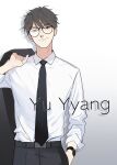  1boy belt black_eyes black_hair black_necktie closed_mouth collared_shirt commentary ddjuner earrings glasses gradient_background hand_in_pocket here_u_are highres holding jewelry long_sleeves male_focus necktie shirt short_hair solo watch white_shirt yu_yang_(here_u_are) 