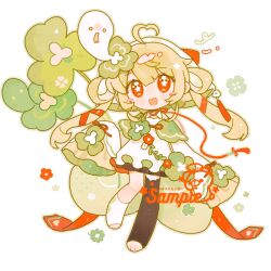  1girl :d ahoge artist_name asymmetrical_legwear black_thighhighs blunt_bangs blush_stickers chibi chibi_only clover commentary dot_nose dress fanqiealxe four-leaf_clover frilled_sleeves frills full_body ghost green_hair hair_between_eyes heart heart_ahoge highres long_hair long_sleeves looking_at_viewer mismatched_legwear open_mouth original outline red_eyes sample_watermark simple_background single_blush_sticker single_sock single_thighhigh sleeves_past_fingers sleeves_past_wrists smile socks solo standing standing_on_one_leg symbol-only_commentary thigh-highs toeless_legwear uneven_legwear watermark white_background white_dress white_socks 