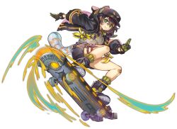  1girl anonymous_(yu-gi-oh!) bandaid bandaid_on_knee bandaid_on_leg baseball_cap black_hair blonde_hair braid duel_monster fake_tail game_cg gloves green_eyes hat highres hood hoodie jacket kuji-in kunai multicolored_hair non-web_source official_alternate_costume official_art s-force_rappa_chiyomaru s:p_little_knight shoes skateboard smile solo stitched tail thigh_strap third-party_edit transparent_background twin_braids two-tone_hair weapon yu-gi-oh! yu-gi-oh!_master_duel 