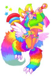  angel_wings animal_ears bead_belt belt blue_hair blunt_bangs blunt_sidelocks boots bow colorful decora fake_claws fang floating_hair fluffy_tail freckles fur_boots hair_bow hair_ornament hairclip hammer highres holding holding_hammer katherine_murray low_wings magical_girl multicolored_eyes multicolored_hair original pink_hair rainbow_eyes rainbow_tail sidelocks standing standing_on_one_leg star_(symbol) star_hair_ornament sticker sticker_on_face wings 