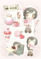  1girl 3d beret blush booth_seating brown_eyes brown_hair brown_shoes brown_skirt brown_socks cherry chibi chibi_only chocomero closed_eyes closed_mouth commentary_request cup curly_hair drinking drinking_glass flower food fruit full_body hair_ornament hairclip hat head_tilt heart highres holding holding_menu holding_saucer jacket jewelry kneehighs lined_paper long_hair long_sleeves looking_at_viewer low_poly menu multiple_views necklace open_clothes open_jacket open_mouth original pantyhose parfait parfait_glass pencil_skirt pink_flower pink_jacket pink_rose polka_dot polka_dot_scarf print_scarf rose saucer scarf shirt shoes side_ponytail sitting skirt smile socks socks_over_pantyhose spoon strawberry strawberry_parfait sugar_cube swept_bangs table tareme tea teacup teapot white_hat white_pantyhose white_scarf white_shirt 