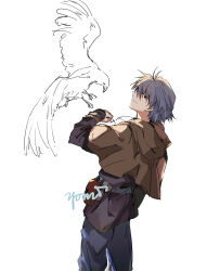  1boy absurdres alternate_costume bird closed_mouth commentary_request from_behind grey_hair grey_pants hawk highres hood hood_down looking_at_viewer male_focus nagisa_kaworu neon_genesis_evangelion pants red_eyes short_hair signature simple_background solo white_background yorumi1117 
