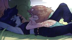  2girls absurdres blue_eyes blue_hair blue_pants blue_skin bush colored_skin commentary crop_top fake_doe forehead_jewel grass hashtag-only_commentary highres lapis_lazuli_(steven_universe) looking_at_another lying lying_on_person multiple_girls on_back on_ground on_stomach pants pearl_(steven_universe) pointy_nose short_hair steven_universe white_skin yuri 
