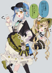  2girls 55szt :d black_capelet black_hat blonde_hair blue_hair braid braided_hair_rings capelet carrying carrying_under_arm commentary_request deerstalker dress flying_sweatdrops green_bonnet green_dress green_shoes grey_background hair_rings hat long_hair long_sleeves looking_at_viewer mahou_shoujo_no_majo_saiban multiple_girls open_mouth shoes short_hair smile speech_bubble tachibana_sherry tono_hanna translation_request twintails very_long_hair walking yellow_eyes 