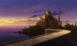  building castle city cityscape clouds cloudy_sky commentary_request dock dusk evening fantasy gradient_sky horizon mocha_(cotton) no_humans ocean one-hour_drawing_challenge original outdoors pier purple_sky scenery signature sky sunset tower twilight water watercraft 