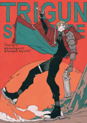  1boy arm_up black_pants black_shirt black_shoes blonde_hair blue_coat coat commentary_request copyright_name from_side full_body glasses gun handgun highres holding holding_gun holding_weapon long_sleeves male_focus ogata_tomio orange-tinted_eyewear pants prosthesis prosthetic_arm red_coat shirt shoes short_hair solo tinted_eyewear trigun trigun_stampede twitter_username two-sided_coat two-sided_fabric undercut unzipped vash_the_stampede weapon 