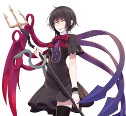  1girl black_dress black_hair black_thighhighs black_wrist_cuffs blue_wings bow buttons closed_eyes commentary_request cowboy_shot crote dress fingernails frilled_cuffs hand_up highres holding holding_polearm holding_weapon houjuu_nue lace-trimmed_thighhighs lace_trim large_variant_set pointy_ears polearm red_bow red_wings short_hair short_sleeves snake solo standing tachi-e thigh-highs touhou transparent_background trident variant_set weapon wings wrist_cuffs 