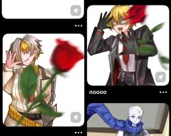  1girl 2boys arm_at_side armor asymmetrical_bangs belt belt_buckle black_belt black_coat black_gloves black_pants black_sleeves black_vest blonde_hair blue_eyes blue_gem blunt_bangs brooch buckle closed_mouth coat collared_shirt crossed_bangs demian_(project_moon) dress_shirt flirting flower gauntlets gem gloves grey_eyes grey_hair hair_between_eyes hair_over_one_eye hand_up idktehnub jewelry kromer_(project_moon) lapels limbus_company long_sleeves looking_at_viewer mannequin meme motion_blur multicolored_hair multiple_boys necktie open_hand open_hands open_mouth pants pauldrons plant project_moon red_coat red_flower red_necktie red_rose red_scarf red_trim ringed_eyes rose scared scarf shirt shoulder_armor sinclair_(project_moon) single_gauntlet single_pauldron smile streaked_hair suspender_pants teeth throwing tsurime two-sided_coat two-sided_fabric undershirt upper_teeth_only vest white_shirt white_sleeves wide-eyed woe_plague_be_upon_ye_(meme) yellow_eyes 