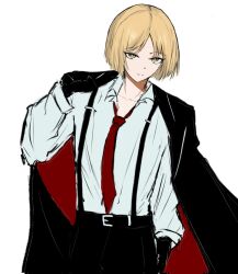  1boy arm_at_side belt belt_buckle bishounen black_belt black_coat black_gloves black_pants blunt_ends buckle coat coat_on_shoulders collarbone collared_shirt dress_shirt expressionless gloves hand_up highres limbus_company long_sleeves looking_at_viewer male_focus necktie open_collar pants parted_bangs parted_lips project_moon red_coat red_necktie rugatu_to shirt sinclair_(project_moon) solo suspender_pants tsurime two-sided_coat two-sided_fabric undershirt upper_body white_background white_mouth white_shirt white_sleeves yellow_eyes 