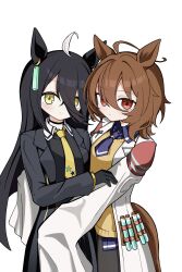  2girls absurdres agnes_tachyon_(tach-nology)_(umamusume) agnes_tachyon_(umamusume) ahoge animal_ears black_choker black_coat black_gloves black_hair black_necktie black_pantyhose black_shirt black_skirt blush brown_hair chemical_structure choker closed_eyes coat collared_shirt commentary cork ear_tag earrings gloves hair_between_eyes highres horse_ears horse_girl horse_tail hug jewelry kwnk_zo_1129 lab_coat long_bangs long_hair long_hair_between_eyes long_sleeves looking_at_viewer manhattan_cafe_(creeping_shadow)_(umamusume) manhattan_cafe_(umamusume) medium_hair multicolored_hair multiple_girls necktie pantyhose red_eyes shirt short_necktie simple_background single_earring skirt sleeves_past_fingers sleeves_past_wrists smile sweater sweater_vest symbol-only_commentary tail test_tube umamusume white_background white_coat white_hair wolf_cut yellow_eyes yellow_necktie yellow_sweater yellow_sweater_vest 