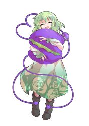  1girl alphes_(style) alternate_costume closed_eyes commentary_request commission dairi dress facing_viewer floral_print full_body gradient_clothes gradient_dress green_dress green_hair grey_shoes hair_between_eyes heart heart_of_string highres holding holding_pillow komeiji_koishi long_sleeves looking_at_viewer open_mouth parody pillow puffy_long_sleeves puffy_sleeves rose_print shoes simple_background skeb_commission smile solo style_parody tachi-e third_eye touhou transparent_background 