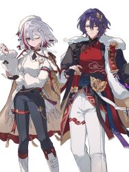  1boy 1girl beret black_coat black_pants blue_hair boots braid changpao chinese_clothes closed_mouth coat colored_inner_hair commentary costume_request dr._ratio_(honkai:_star_rail) feet_out_of_frame frilled_sleeves frills fur-trimmed_coat fur_trim hair_between_eyes hair_intakes hair_ornament hat highres honkai:_star_rail honkai_(series) leg_ribbon looking_at_viewer minamiyori multicolored_eyes multicolored_hair one_eye_closed orange_eyes pants parted_bangs red_changpao red_hair red_shirt ribbon shirt short_hair simple_background smile streaked_hair sweater symbol-only_commentary thigh_ribbon topaz_(honkai:_star_rail) twitter_username two-tone_hair white_background white_boots white_hair white_hat white_pants white_sweater 