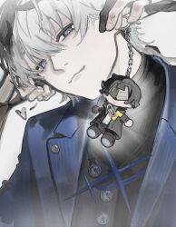  2boys absurdres ardashir_(arknights) arknights arknights:_endfield black_hair black_horns black_mask black_shirt blue_eyes blue_jacket character_charm charm_(object) endministrator_(arknights) eye_mask gloves grey_hair highres holding holding_charm horns jacket male_endministrator_(arknights) male_focus mask mingxin634 multiple_boys partially_fingerless_gloves pointy_ears shirt simple_background sweater turtleneck white_background white_sweater 