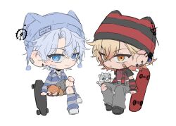 2boys animal_ear_hood bandaid bandaid_on_face black_hat black_scarf black_shoes blonde_hair blue_eyes blue_hat blue_socks chibi chibi_only chimera_(honkai:_star_rail) collared_shirt commentary_request gradient_hair grey_pants grey_shorts grey_socks gyosutlqkf hat highres honkai:_star_rail honkai_(series) hood jacket korean_commentary loose_socks male_focus multicolored_hair multicolored_jacket multiple_boys mydei_(fig_stew)_(honkai:_star_rail) mydei_(honkai:_star_rail) pants parted_bangs phainon_(honkai:_star_rail) phainon_(vigethos)_(honkai:_star_rail) red_hair red_hat red_scarf scarf shirt shoes short_hair shorts socks striped_clothes striped_scarf striped_socks torn_clothes torn_pants two-tone_hat two-tone_jacket two-tone_scarf two-tone_socks white_hair white_shirt white_shoes yellow_eyes 