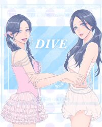  2girls animification aoi_toramatsu braid commentary_request corset cowboy_shot dahyun_(twice) dive_(twice) dress from_side green_eyes highres holding_another's_arm k-pop long_bangs looking_at_viewer low_twintails mina_(twice) mole mole_on_nose multiple_girls open_mouth parted_bangs parted_lips pink_corset pink_skirt real_life skirt smile twice_(group) twin_braids twintails white_dress 