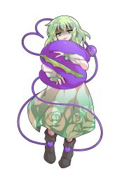  1girl alphes_(style) alternate_costume commentary_request commission dairi dress floral_print full_body gradient_clothes gradient_dress green_dress green_eyes green_hair grey_shoes hair_between_eyes half-closed_eyes heart heart_of_string highres holding holding_pillow komeiji_koishi long_sleeves looking_at_viewer parody pillow puffy_long_sleeves puffy_sleeves rose_print shaded_face shoes simple_background skeb_commission smile solo style_parody tachi-e third_eye touhou transparent_background yellow_pupils 