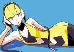  1girl absurdres arm_support bare_arms bare_shoulders black_choker black_pantyhose blonde_hair blue_background blue_eyes blunt_bangs breasts choker collarbone commentary_request dress elesa_(pokemon) head_rest headphones highres lying on_side pantyhose pencil_dress pokemon pokemon_bw sadamaraas short_dress short_hair sketch sleeveless sleeveless_dress solo yellow_dress 