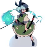  1girl aqua_eyes black_footwear black_hairband closed_mouth frilled_skirt frills full_body green_skirt green_vest grey_hair hairband hitodama hitodama_print holding holding_sheath holding_sword holding_weapon konpaku_youmu konpaku_youmu_(ghost) mary_janes puffy_short_sleeves puffy_sleeves sheath shimazaki1152 shirt shoes short_hair short_sleeves simple_background skirt solo standing sword touhou vest weapon white_shirt 