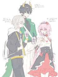  1girl 2boys 32c1ff backpack bag bag_charm black_choker black_hair black_hairband black_jacket black_overskirt black_pants black_shirt caelus_(honkai:_star_rail) caelus_(world_tour_2023)_(honkai:_star_rail) character_charm charm_(object) choker closed_eyes commentary_request cowboy_shot cup dan_heng_(alternate_spacetime)_(honkai:_star_rail) dan_heng_(honkai:_star_rail) dan_heng_(permansor_terrae)_(honkai:_star_rail) detached_sleeves disposable_cup dragon_boy dragon_horns dragon_tail dress drinking_straw earclip earrings evernight_(alternate_spacetime)_(honkai:_star_rail) evernight_(honkai:_star_rail) eyeliner eyewear_hang flower_hairband green_eyes green_shirt grey_hair hair_between_eyes hairband highres holding holding_cup honkai:_star_rail honkai_(series) hooded_shirt horns jacket jewelry long_hair looking_at_viewer makeup march_7th_(honkai:_star_rail) multiple_boys nail_polish official_alternate_costume pants pink_hair pointy_ears red_dress red_eyeliner red_eyes red_nails shirt short_hair shoulder_bag single_earring sunglasses tail trailblazer_(honkai:_star_rail) translation_request two-tone_dress unworn_eyewear very_long_hair white_background white_bag white_dress white_pants white_shirt wristband yellow_horns yellow_pupils 
