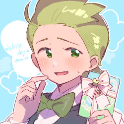  1boy black_vest blue_background blush bow bowtie box cilan_(pokemon) collared_shirt commentary_request green_bow green_bowtie green_eyes green_hair holding holding_box long_sleeves male_focus open_mouth outline pokemon pokemon_bw portrait serizawa_serizane shirt short_hair solo striped_bow sweatdrop vest white_bow white_day white_outline white_shirt 