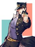  1boy aqua_eyes belt black_hair black_headwear black_jacket black_pants closed_mouth cowboy_shot earrings gakuran grey_tank_top hand_in_pocket hat hat_over_one_eye highres jacket jewelry jojo_no_kimyou_na_bouken jujeop kujo_jotaro long_jacket looking_at_viewer male_focus multiple_belts pants pointing pointing_at_viewer school_uniform short_hair simple_background solo sparkle star_(symbol) star_print tank_top toned toned_male 