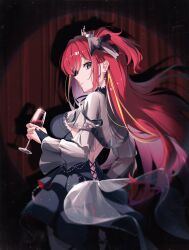  1girl absurdres akane_lize bare_back black_bridal_gauntlets black_dress black_eyes blonde_hair blonde_streaks bridal_gauntlets capelet closed_mouth commentary_request cowboy_shot crown cup dress earrings from_side grey_capelet highres holding holding_cup hyin jewelry long_hair long_sleeves looking_at_viewer mini_crown multicolored_hair red_hair ring solo stellive two-tone_hair virtual_youtuber 