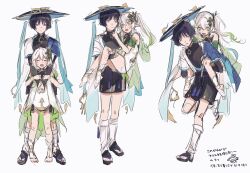  1boy 1girl aranara_(genshin_impact) armlet asymmetrical_sidelocks bare_shoulders behind_another black_bodysuit black_sandals black_shorts blue_cape blue_hat blue_sleeves blush bodysuit cape carrying cheek_poking closed_eyes couple covered_collarbone cross-shaped_pupils detached_sleeves dress facing_viewer furisode genshin_impact gold gold_trim green_cape green_dress green_eyes green_hair green_sleeves hair_between_eyes hair_intakes hand_on_another's_back hand_on_another's_head hand_on_another's_shoulder hand_on_another's_thigh hands_on_another's_stomach hands_up happy hat height_difference hetero highres holding_another's_arm index_finger_raised japanese_clothes jewelry jingasa kimono layered_sleeves leaning_to_the_side leg_warmers long_hair looking_at_another looking_to_the_side mandarin_collar multicolored_hair multiple_views nahida_(genshin_impact) onigiri_po_0205 open_mouth piggyback pointy_ears poking princess_carry sandals scaramouche_(genshin_impact) short_sleeves shorts shoulder_peek side_ponytail sidelocks sketch socks standing stirrup_footwear stirrup_legwear streaked_hair symbol-shaped_pupils tassel toeless_legwear toeless_socks toes translation_request two-sided_dress two-sided_fabric unfinished wanderer_(genshin_impact) white_background white_dress white_hair white_leg_warmers white_sleeves white_socks zouri 