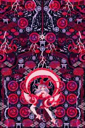  1girl absurdres bird black_hat black_shoes black_skirt boku_(isizakitakasi) bow bright_pupils clouds commentary_request crane_(animal) disembodied_eye flower frilled_shawl frills hagoromo hat hat_bow hat_ribbon highres lightning looking_at_viewer lotus nagae_iku red_bow red_eyes red_flower red_nails red_ribbon ribbon seigaiha shawl shirt shoes skirt skull solo tomoe_(symbol) torii touhou white_pupils white_shirt wide_shot 