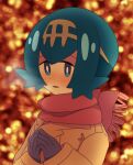  1girl alternate_costume blue_eyes blue_hair blurry blurry_background blush breath bright_pupils brown_coat coat commentary_request freckles gloves hairband hands_up lana_(pokemon) long_sleeves mizu_majuu_(waterman10) night no_sclera open_mouth outdoors own_hands_together pink_scarf pokemon pokemon_(game) pokemon_sm scarf short_hair solo upper_body white_pupils yellow_hairband 