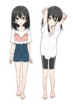  1girl :o arms_up barefoot bike_shorts black_hair blush child denim denim_shorts gengorou green_eyes long_hair looking_at_viewer multiple_views original oversized_clothes shirt short_sleeves shorts simple_background smile white_background white_shirt 