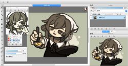  1girl apron art_program_in_frame bad_id bad_tumblr_id black_apron brown_eyes brown_hair collared_shirt food frying_pan hair_ornament hat hatoba_tsugu head_tilt holding holding_frying_pan holding_spoon incoming_food looking_at_viewer medium_hair multiple_views sailor_collar shirt spoon starfish_hair_ornament steam tenugui tsugu_(vtuber) virtual_youtuber white_hat white_sailor_collar white_shirt yknsugar 