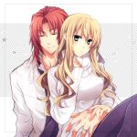  1boy 1girl ao_no_kiseki blonde_hair curly_hair eiyuu_densetsu green_eyes hajimari_no_kiseki hand_on_another&#039;s_hand hug hug_from_behind jewelry long_hair loose_necktie mireille_(eiyuu_densetsu) necktie randolph_orlando redhead ring satsuki_(chaosmode) shirt sweater thigh-highs wedding_ring zero_no_kiseki 