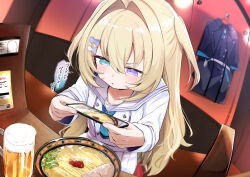  1girl aqua_eyes beer_mug blonde_hair cellphone commentary_request cup food hair_intakes hair_ornament heterochromia highres holding holding_phone indoors long_hair long_sleeves mementovanitas mug noodles parted_lips phone pleated_skirt ramen riot_music sailor_collar school_uniform serafuku shirt sitting skirt smartphone solo speech_bubble taking_picture translation_request two_side_up unworn_clothes utsusumi_kio violet_eyes virtual_youtuber white_sailor_collar white_serafuku white_shirt white_skirt 