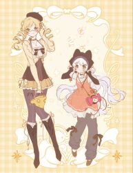  2girls :d animal_ears bag blonde_hair blouse boots brown_boots brown_hat brown_pantyhose brown_ribbon brown_shirt brown_shoes brown_sleeves charlotte_(madoka_magica) cheese closed_mouth commentary cosplay dress drill_hair fake_animal_ears flower_hairpin food glasses grey_pants handbag hat heart highres jewelry knee_boots light_blush long_hair long_sleeves looking_at_viewer mahou_shoujo_madoka_magica mahou_shoujo_madoka_magica:_hangyaku_no_monogatari mahou_shoujo_madoka_magica_(anime) momoe_nagisa multiple_girls necklace open_mouth orange_dress pants pantyhose peachuu plaid_background pompompurin pompompurin_(cosplay) ribbon sanrio shirt shoes shoulder_bag skirt smile symbol-only_commentary tomoe_mami twin_drills very_long_hair white_dress white_hair white_shirt yellow_background yellow_eyes yellow_shirt yellow_skirt 