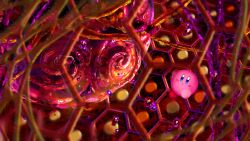  blush_stickers colored_skin dripping hashtag-only_commentary hexagon highres kirby kirby_(series) kirby_star_allies looking_at_another looking_up no_humans pink_skin purple_liquid takuan830 void_termina void_termina_(first_core) 