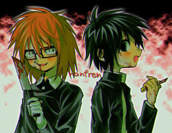  2boys black-framed_eyewear black_eyes black_hair black_shirt blood blood_on_face blood_on_knife blush brown_hair collared_shirt fang glasses highres holding holding_knife knife long_sleeves male_focus medium_hair menma_(enaic31) multiple_boys open_mouth randal's_friends randal_ivory rectangular_eyewear shirt short_hair tsukada_satoru 