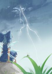  1girl absurdres blue_bow blue_dress blue_hair blurry bow chinese_commentary cirno clouds cloudy_sky commentary_request depth_of_field detached_wings dress facing_away from_behind grass hair_bow highres ice ice_wings lbcirno9 lightning outdoors pinafore_dress puffy_short_sleeves puffy_sleeves rain shirt short_sleeves sitting sky sleeveless sleeveless_dress solo touhou white_shirt wings 