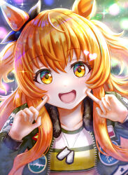  1girl absurdres animal_ears blush bomber_jacket bow breasts brown_ribbon cheek_poking collarbone commentary_request crop_top dog_tags ear_bow ear_ribbon green_jacket heart highres horse_ears horse_girl jacket long_hair long_sleeves looking_at_viewer mayano_top_gun_(scramble_zone)_(umamusume) mayano_top_gun_(umamusume) open_clothes open_jacket open_mouth orange_hair poking ribbon shirt small_breasts smile solo teeth tongue two_side_up umamusume wajuniorbox yellow_shirt 