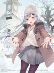  1girl :d beanie blue_eyes blue_sky brown_coat brown_pantyhose building clock clock_tower coat collarbone commentary day fur-trimmed_coat fur_trim grey_hair grey_skirt hat highres long_hair looking_at_viewer midorikawa_you open_clothes open_coat original outdoors outstretched_arms pantyhose plaid_clothes plaid_skirt pleated_skirt ribbed_pantyhose roman_numeral shirt skirt sky smile snowman solo standing symbol-only_commentary tower tree very_long_hair white_hat white_shirt 
