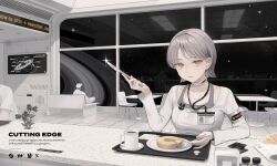  1girl 2boys armlet chair commission counter cup earphones earphones english_text food fork grey_eyes grey_hair highres holding holding_fork holding_knife hologram id_card jewelry knife lanyard multiple_boys original parted_lips planetary_ring plate science_fiction short_hair skeb_commission space spacecraft_interior sparkle star_(sky) sugai_(4ugaii) table tray window 