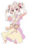  1girl :d ahoge arms_up bare_arms brown_eyes commentary double_bun dress hair_between_eyes hair_bun hair_ribbon haru_(konomi_150) highres looking_at_viewer official_alternate_hairstyle onii-chan_wa_oshimai! open_mouth oyama_mahiro pink_hair ribbon sash short_sleeves simple_background smile solo white_background yellow_dress 