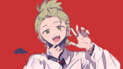  1boy :d cilan_(pokemon) collared_shirt commentary_request dot_nose green_eyes green_hair highres long_sleeves looking_at_viewer male_focus mask mask_pull mouth_mask necktie open_mouth pokemon pokemon_bw portrait red_background red_necktie serizawa_serizane shirt short_hair simple_background smile solo vampire_(vocaloid) white_shirt 