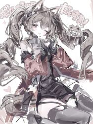  1girl :d absurdres angelina_(arknights) animal_ear_fluff animal_ears animalization arknights arknights:_endfield averting_eyes bare_shoulders black_thighhighs bracelet brown_hair chibi chibi_inset coat commentary diamond-shaped_pupils diamond_(shape) dot_nose dress endministrator_(arknights) fox_ears fox_girl fox_tail gilberta_(arknights) heart heart_hands highres infection_monitor_(arknights) invisible_chair jewelry light_blush long_hair long_sidelocks long_sleeves muted_color nyaatori off_shoulder open_clothes open_coat red_coat red_eyes short_dress sidelocks sitting smile symbol-only_commentary symbol-shaped_pupils tail thigh-highs thighs translation_request twintails wide_sleeves zettai_ryouiki 