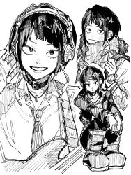  1girl absurdres animal_costume black_choker black_jacket blush boku_no_hero_academia boots choker closed_mouth collared_shirt commentary diagonal_bangs earphones greyscale headphones highres jacket jiro_kyoka kome_uo looking_at_viewer monochrome multiple_views necktie parted_lips shirt sketch smile squatting symbol-only_commentary teeth upper_body white_background 