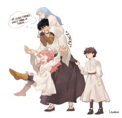  1boy 3girls age_difference agott_arklaum_(tongari_boushi_no_atelier) black_hair blue_eyes blue_hair boots brown_boots brown_eyes brown_hair carrying child closed_eyes english_text happy highres lavabun long_hair long_sleeves medium_hair multiple_girls olruggio_(tongari_boushi_no_atelier) piggyback pink_hair reverse_trap richeh_(tongari_boushi_no_atelier) short_hair simple_background size_difference smile teeth tetia_(tongari_boushi_no_atelier) tongari_boushi_no_atelier upper_teeth_only white_background 
