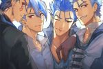  4boys beads blue_hair collar collared_shirt cu_chulainn_(caster)_(fate) cu_chulainn_(caster)_(the_musketeers)_(fate) cu_chulainn_(fate) cu_chulainn_(fate/prototype) cu_chulainn_(the_musketeers)_(fate) cu_chulainn_(the_musketeers)_(fate/prototype) cu_chulainn_alter_(fate) cu_chulainn_alter_(the_musketeers)_(fate) dark_persona earrings facepaint fate/grand_order fate_(series) gloves grin hair_beads hair_between_eyes hair_ornament hakusaihatake jewelry long_hair looking_at_viewer male_focus multiple_boys multiple_persona one_eye_closed ponytail popped_collar red_eyes shirt short_hair smile spiky_hair tattoo teeth 