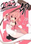  1girl 2023 ahoge black_skirt blush food furrowed_brow hammer holding holding_hammer lapin_(madoka_magica) long_hair low-tied_long_hair mahou_shoujo_madoka_magica mahou_shoujo_tart_magica mikagami_jun mochi open_mouth parted_lips petticoat pink_eyes pink_hair rabbit rabbit_tail sanpaku sidelocks skirt solo tail 