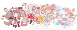  4girls :d asymmetrical_legwear black_boots black_thighhighs blue_eyes blue_skirt blush_stickers boots bow brown_hair brown_hat chibi chibi_only closed_mouth commentary dot_nose double-parted_bangs fanqiealxe frilled_skirt frills full_body grey_hair hat highres lace-up_boots long_hair looking_at_viewer mismatched_legwear multiple_girls open_mouth original parted_lips red_skirt sample_watermark shoes short_hair simple_background single_sock single_thighhigh skirt smile socks standing standing_on_one_leg star-shaped_pupils star_(symbol) suspender_skirt suspenders symbol-only_commentary symbol-shaped_pupils thigh-highs twintails uneven_legwear watermark white_background white_hair white_shoes white_socks yellow_bow 