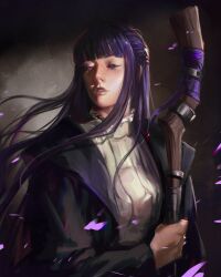  1girl absurdres black_robe blunt_bangs caio_santos dark_background fern_(sousou_no_frieren) highres holding holding_staff long_hair looking_to_the_side mage_staff parted_lips petals purple_hair realistic robe solo sousou_no_frieren staff upper_body violet_eyes 